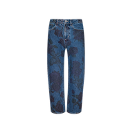 Mallis Bow-Leg Jean in blue denim with a dark rose print pattern, featuring a straight leg cut and classic five-pocket design, displayed against a plain white background.