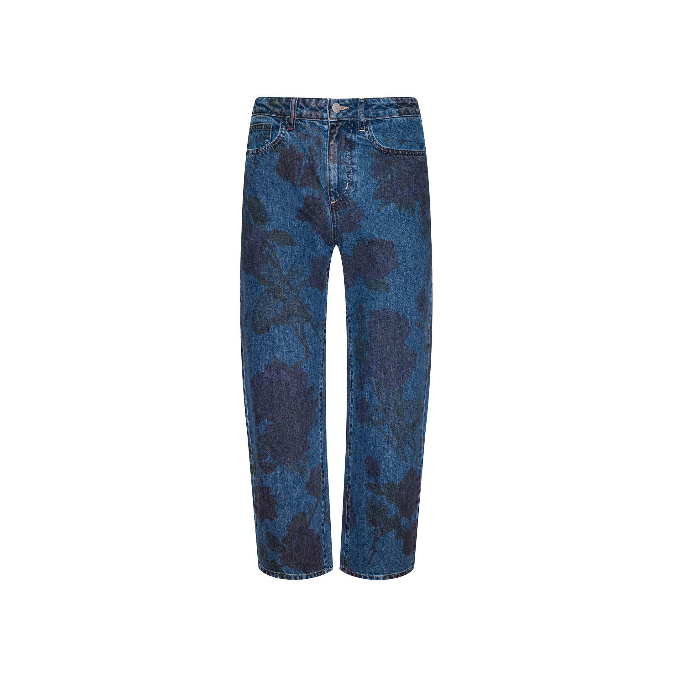 Mallis Bow-Leg Jean in blue denim with a dark rose print pattern, featuring a straight leg cut and classic five-pocket design, displayed against a plain white background.