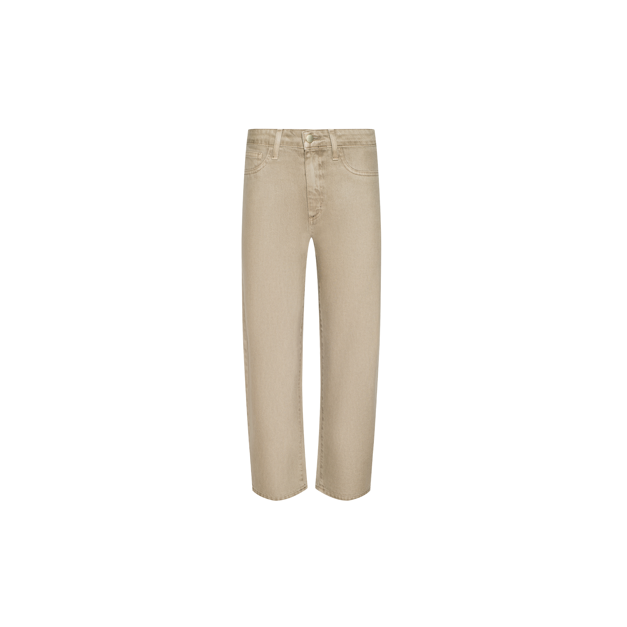 Beige, high-rise, wide-leg Mallis Coated Bow-Leg Jean with a slight curve through the legs.