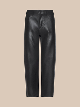 Mallis Coated Bow-Leg Jean featuring a black coated finish, high rise, front pockets, and button closure, shown on a plain beige background.