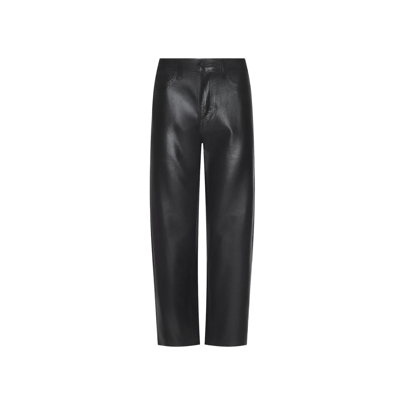 Mallis Coated Bow-Leg Jean in black faux leather, displayed against a plain white background, shown from the back with a straight-leg fit and minimal detailing that highlights its modern wide-leg-inspired bow-leg silhouette.