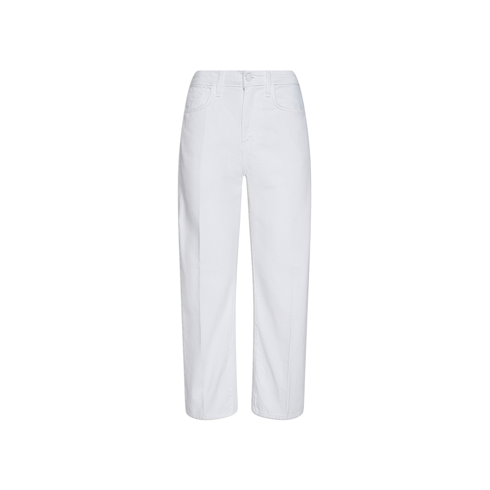 A pair of Mallis Bow-Leg Jeans crafted from all-cotton denim in plain white, featuring a high rise and straight-leg silhouette with front and back pockets, finished with a button and zipper closure, displayed against a white background.