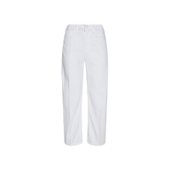 The Mallis Bow-Leg Jean is showcased against a plain white background, featuring a classic five-pocket design, button closure at the waist, and crafted from all-cotton denim in a white straight-leg silhouette.