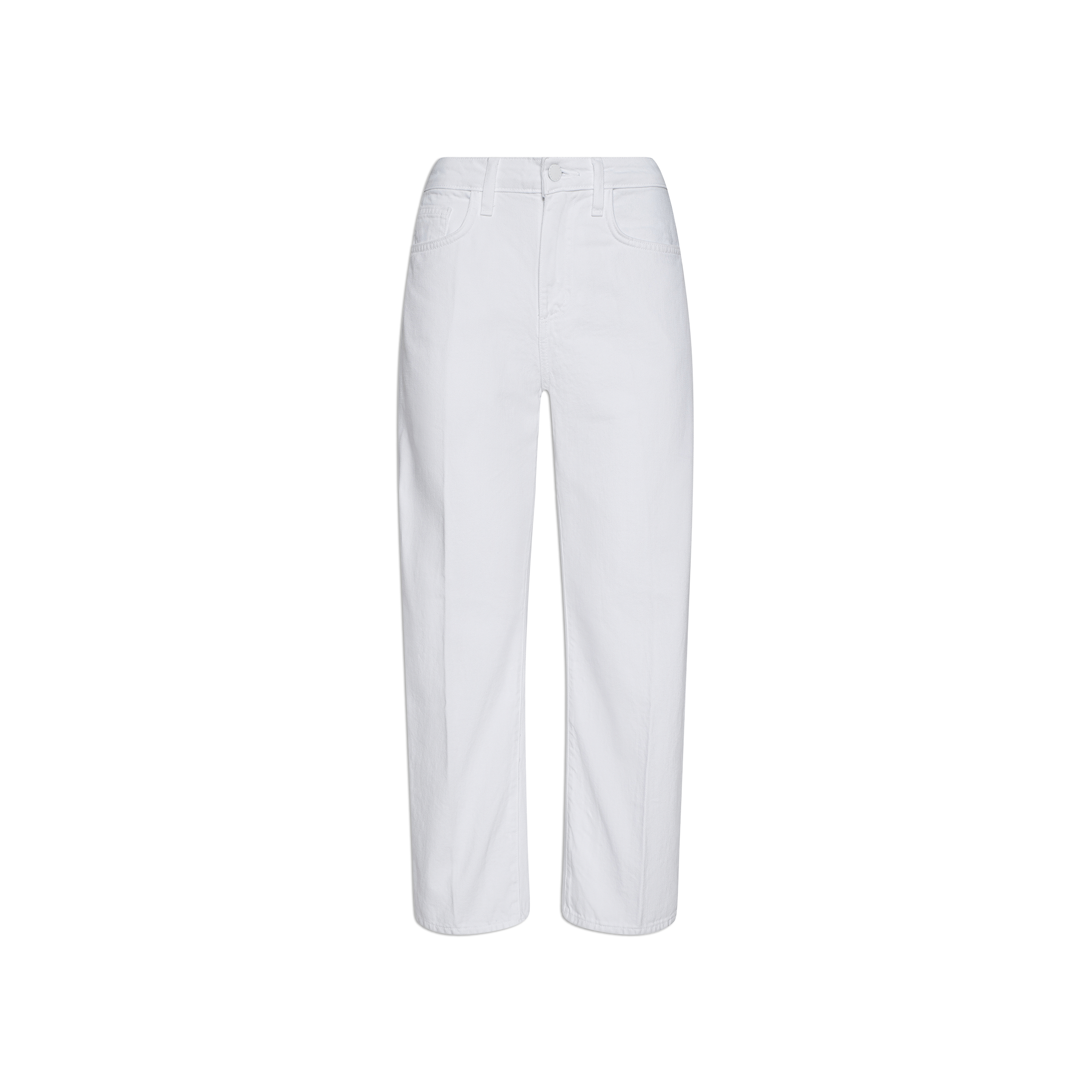 The Mallis Bow-Leg Jean is showcased against a plain white background, featuring a classic five-pocket design, button closure at the waist, and crafted from all-cotton denim in a white straight-leg silhouette.