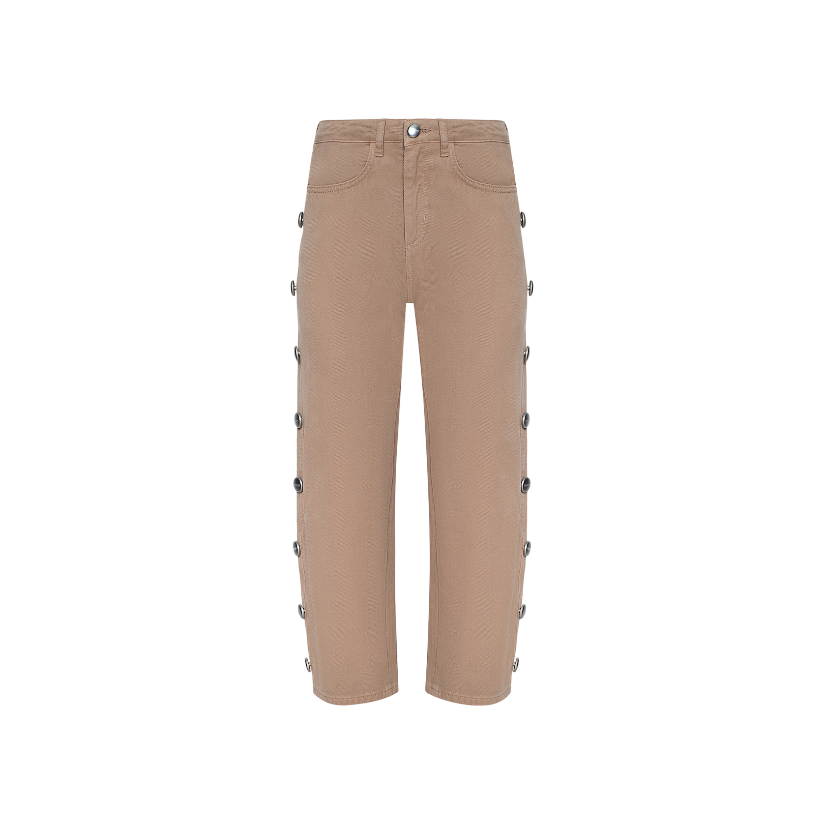 The Mallis Studded Bow-Leg Jean features a high waist and straight-leg silhouette in tan all-cotton denim. Button details run down the outer sides of both legs, while front pockets and a front button closure complete the look. The jeans are photographed against a plain white background.