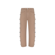 The Mallis Studded Bow-Leg Jean features a high waist and straight-leg silhouette in tan all-cotton denim. Button details run down the outer sides of both legs, while front pockets and a front button closure complete the look. The jeans are photographed against a plain white background.