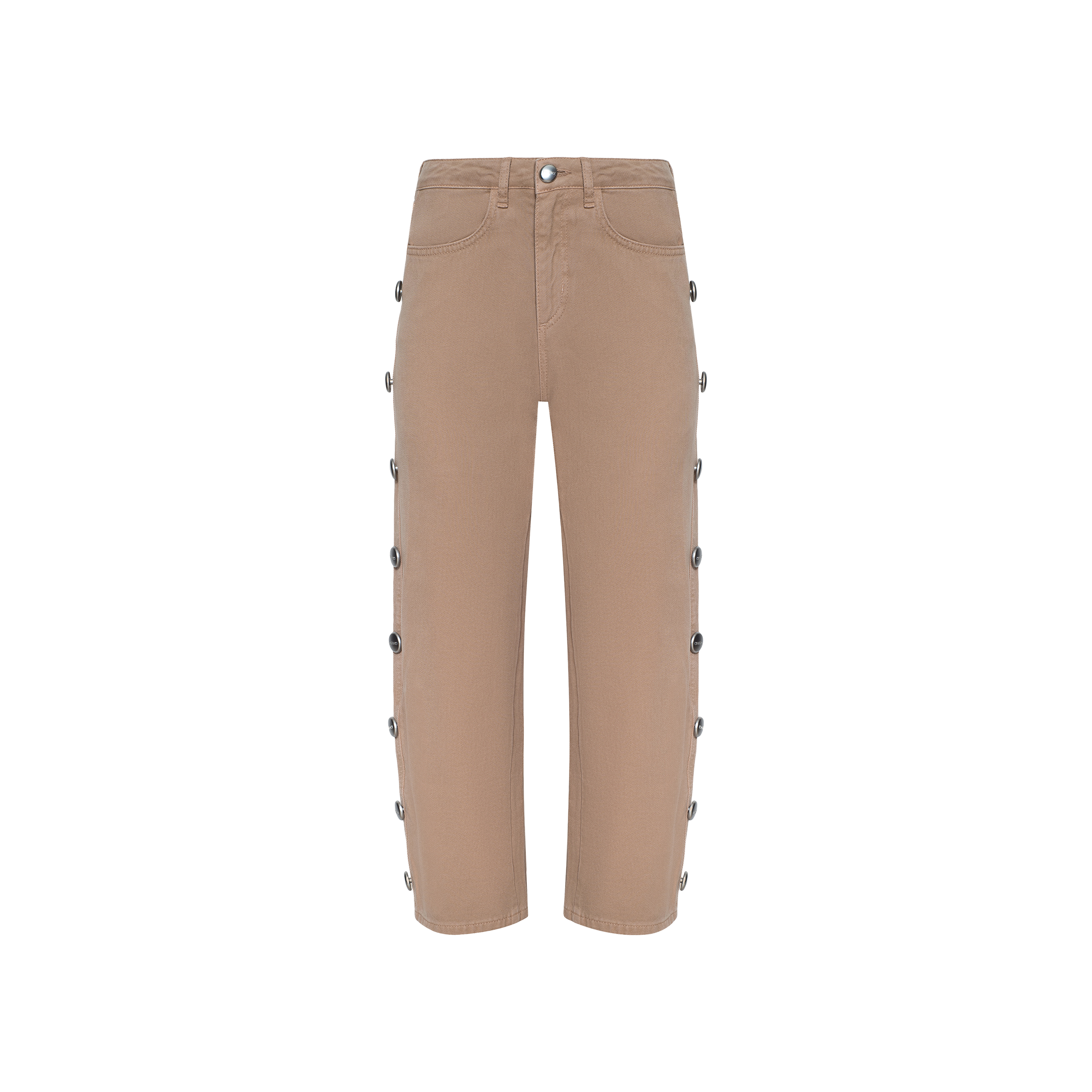 The Mallis Studded Bow-Leg Jean features a high waist and straight-leg silhouette in tan all-cotton denim. Button details run down the outer sides of both legs, while front pockets and a front button closure complete the look. The jeans are photographed against a plain white background.
