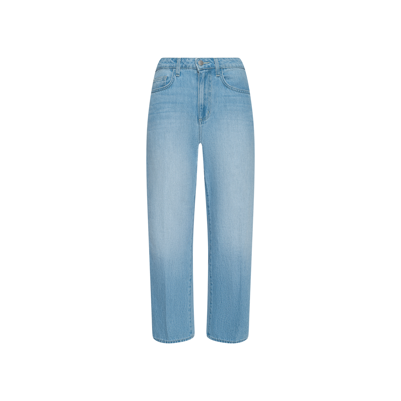 The Mallis Bow-Leg Jean is a light blue, high-rise denim with a straight-leg silhouette, featuring front and back pockets, and secured with a button and zipper closure. Shown against a plain white background.