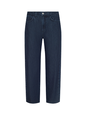 The Mallis Bow-Leg Jean is a pair of dark blue, high-rise, straight-leg jeans with front and back pockets, button closure, and belt loops, shown against a white background.