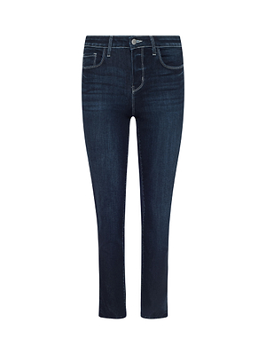 The Aiden Low-Rise Slim-Leg Jean features dark blue super stretch denim, five pockets, front button and zip closure, and subtle faded thigh details. Displayed against a plain white background.