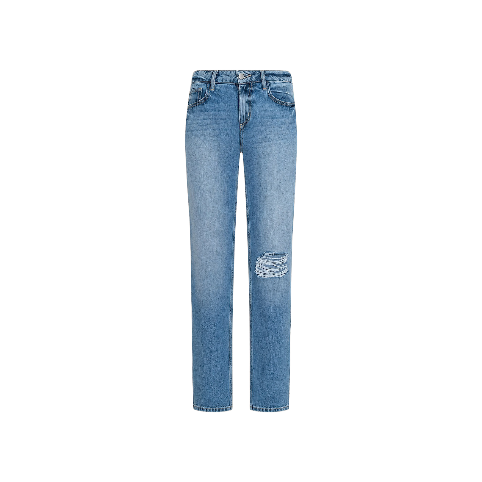 The Armida Low-Rise Slouch Jean is a light blue, straight-leg jean featuring a low rise, distressed rip on the right knee, five pockets, and a button fly, displayed on a plain white background.