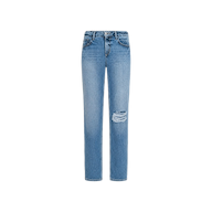 The Armida Low-Rise Slouch Jean is a light blue, straight-leg jean featuring a low rise, distressed rip on the right knee, five pockets, and a button fly, displayed on a plain white background.