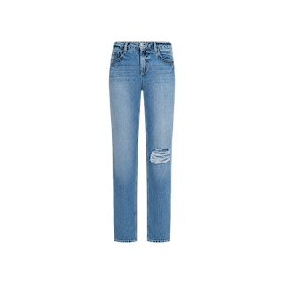 The Armida Low-Rise Slouch Jean is crafted from all-cotton denim in a light blue wash with a straight-leg silhouette and features a distressed rip on the right knee, classic five-pocket styling, and button-and-zipper closure, shown against a plain white background.