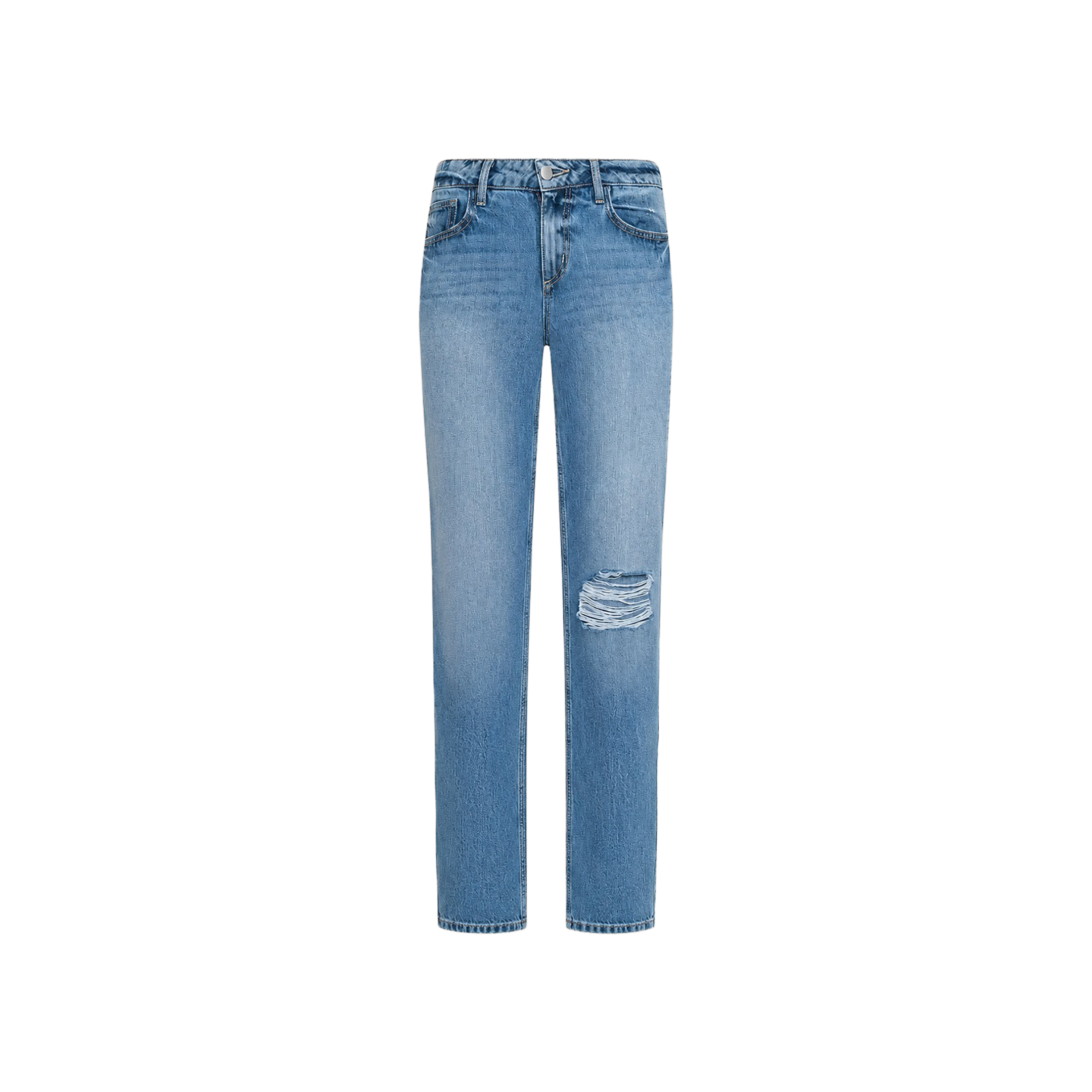 The Armida Low-Rise Slouch Jean is a light blue, straight-leg jean featuring a low rise, distressed rip on the right knee, five pockets, and a button fly, displayed on a plain white background.