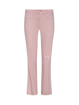 The Armida Low-Rise Slouch Jean is a light pink women's denim with a slim, straight leg fit, front and back pockets, belt loops, button waist closure, and a single distressed rip at the right knee.