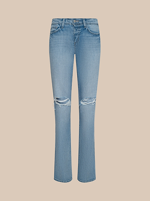 The Ashby Low-Rise Slouch Jean is made from light blue 100 cotton denim with a relaxed fit, straight legs, and distressed knee rips. Shown front-facing against a plain beige background.