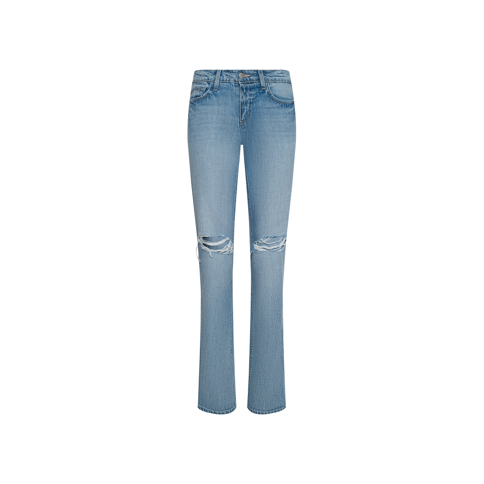 Ashby Low-Rise Slouch Jean in light blue denim features a low-rise fit, five classic pockets, and ripped knees. These vintage-inspired jeans have a slightly flared leg and are showcased against a plain white background.