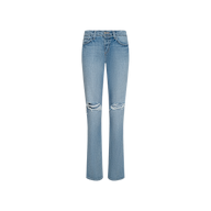 Ashby Low-Rise Slouch Jean in light blue denim features a low-rise fit, five classic pockets, and ripped knees. These vintage-inspired jeans have a slightly flared leg and are showcased against a plain white background.