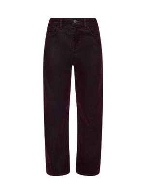 The Dolores Flocked Bow-Leg Jean by L'AGENCE is a high-waisted, wide-leg corduroy pant in deep bordeaux with front and back pockets, belt loops, and a button-zip closure.