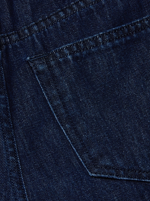 Close-up of the back pocket on the Pacey Wide-Leg Jean, showcasing the visible stitching and rich texture of its dark wash, high-rise denim fabric.