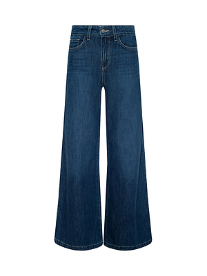 The Pacey Wide-Leg Jean, crafted from all-cotton blue denim, features a high waist, button and zipper closure, and front and back pockets. Displayed on a plain white background.