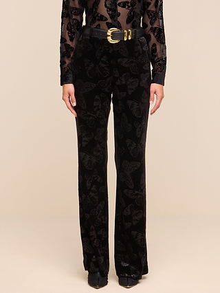 A person wears the Frances Bootcut Trouser, featuring black velvet with a butterfly print in a bootcut silhouette, styled with a matching sheer top and a black belt with a gold buckle. Only the body from the shoulders down is visible against a plain background.