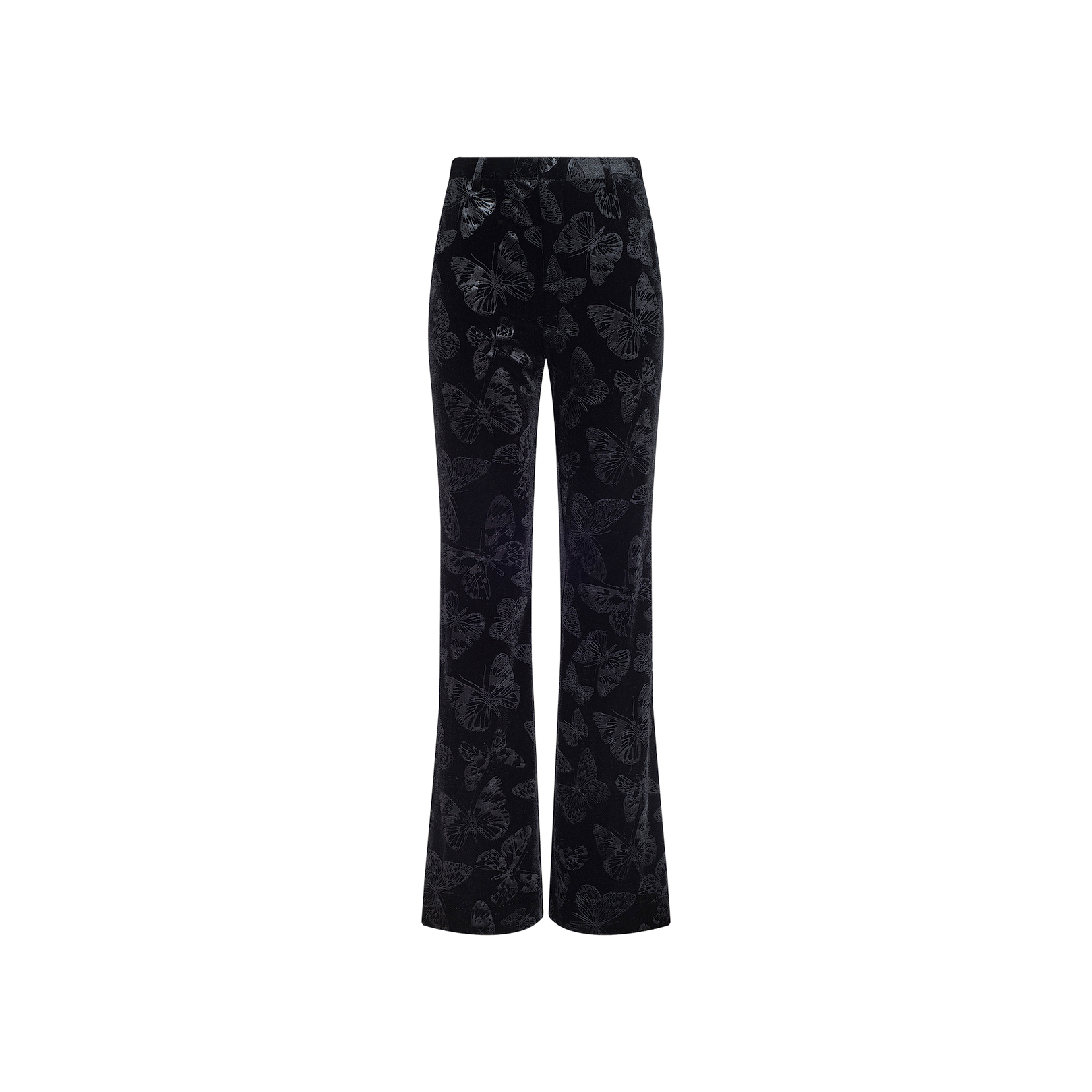 Frances Bootcut Trouser in black stretch velvet, featuring a high-waisted fit, subtle butterfly print design, and a slight flare at the bottom. Shown against a plain white background.
