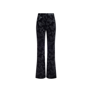 The Frances Bootcut Trouser is a black, high-waisted velvet pant featuring a subtle all-over butterfly print. Designed with a fitted waist and a slight flare at the bottom, these trousers are photographed against a plain white background.