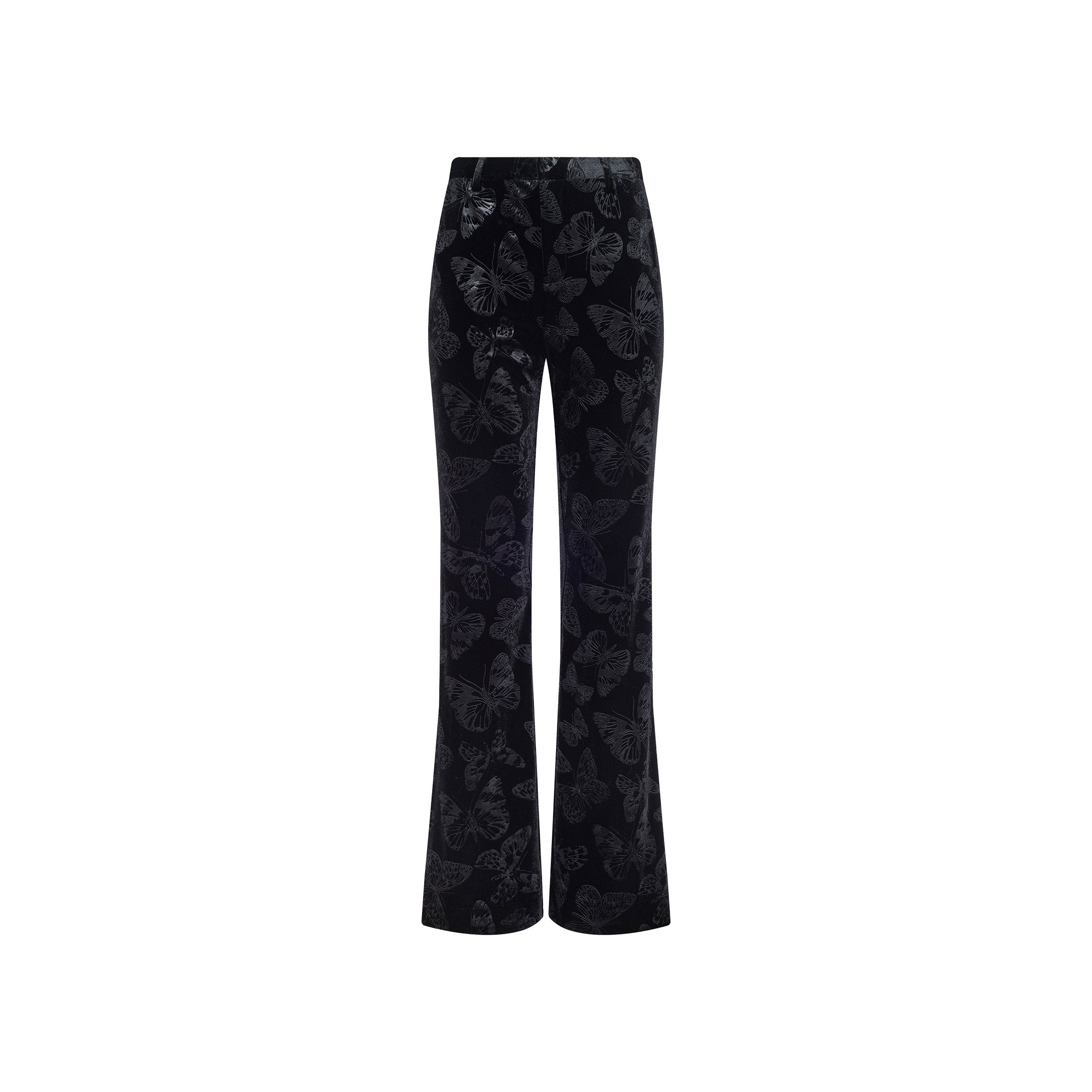 Frances Bootcut Trouser in black stretch velvet, featuring a high-waisted fit, subtle butterfly print design, and a slight flare at the bottom. Shown against a plain white background.
