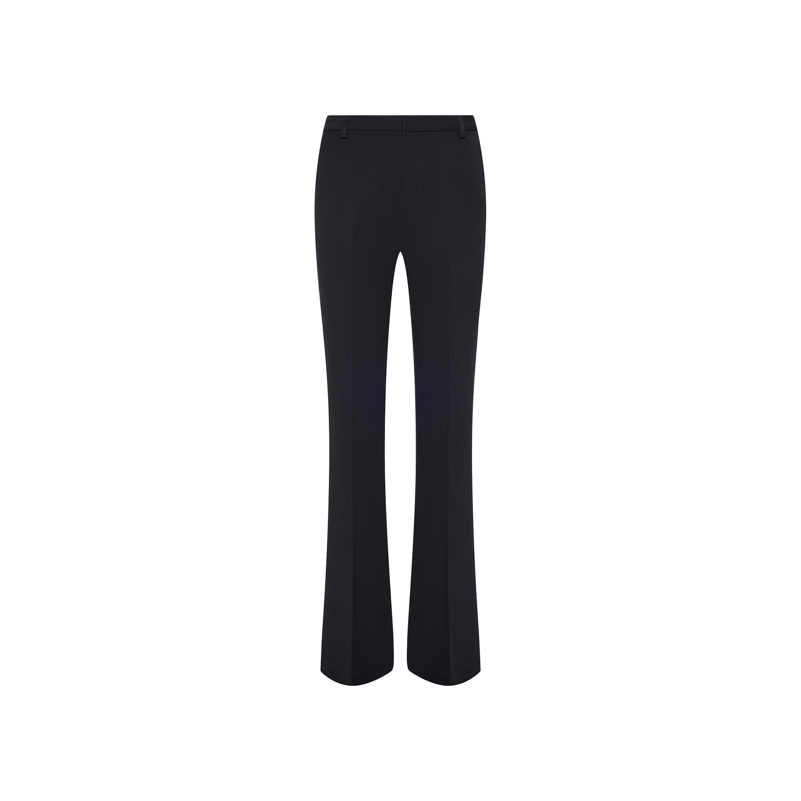 Introducing the Frances Bootcut Trouser: black tailored dress pants featuring a slight flare at the hem, crafted from comfortable stretch suit fabric. Designed with belt loops and a fitted waist, these trousers offer a classic, formal look that makes them an essential addition to any wardrobe.