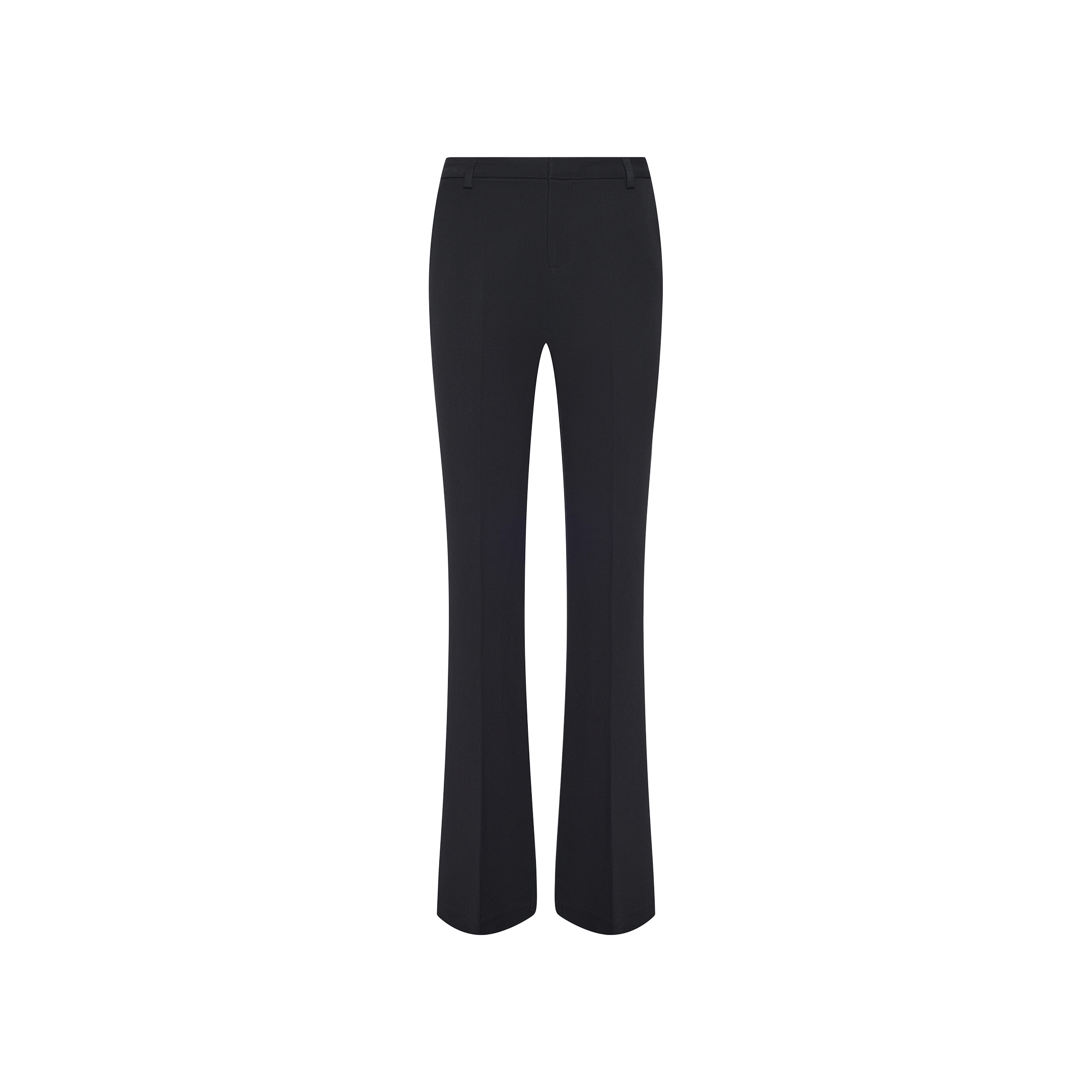 Introducing the Frances Bootcut Trouser: black tailored dress pants featuring a slight flare at the hem, crafted from comfortable stretch suit fabric. Designed with belt loops and a fitted waist, these trousers offer a classic, formal look that makes them an essential addition to any wardrobe.