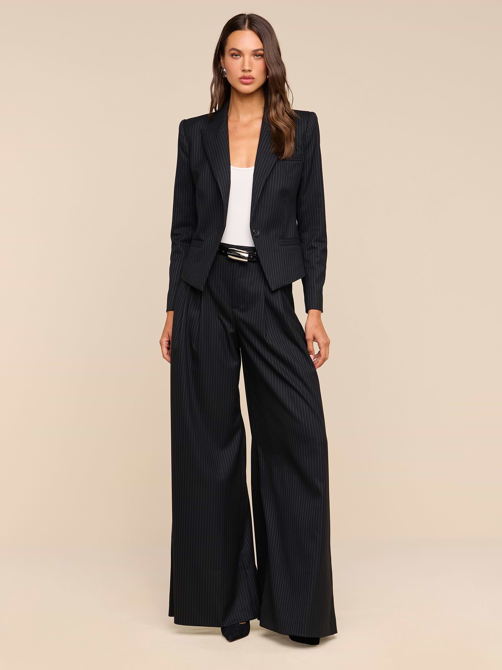 A woman stands against a white background wearing a black tailored blazer, a white top, the Chelsy Wide-Leg Pant, and black heels.
