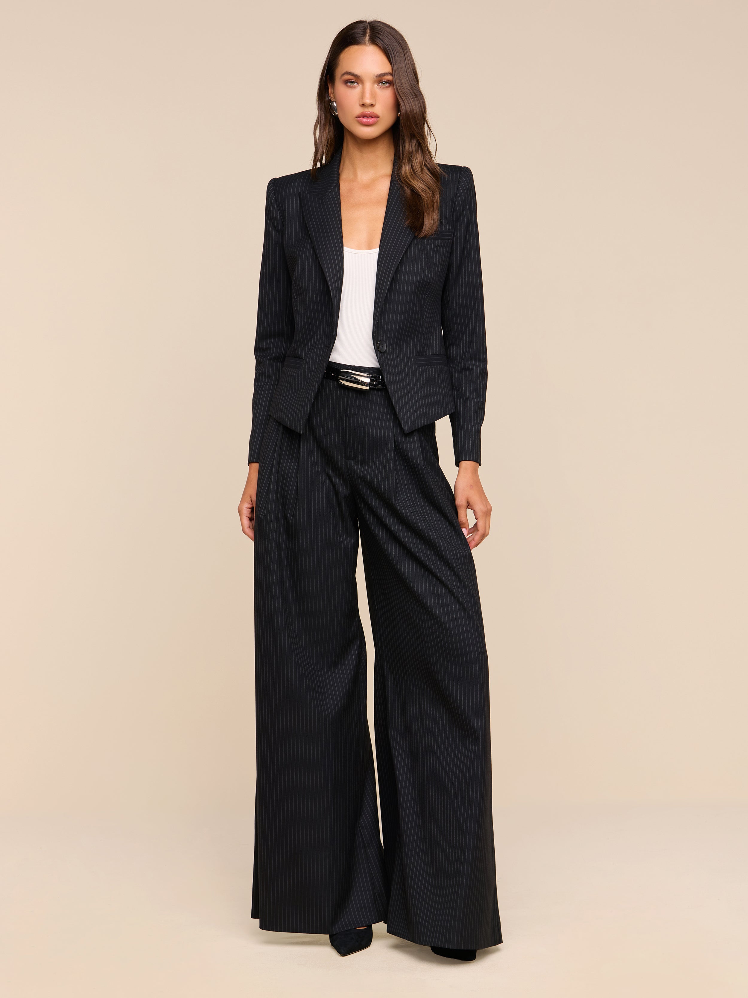 A woman stands against a beige background wearing the Chelsy Wide-Leg Pant in black pinstripe, paired with a matching blazer, a white top, and black shoes. She has long brown hair and a neutral expression, with her arms relaxed by her sides.