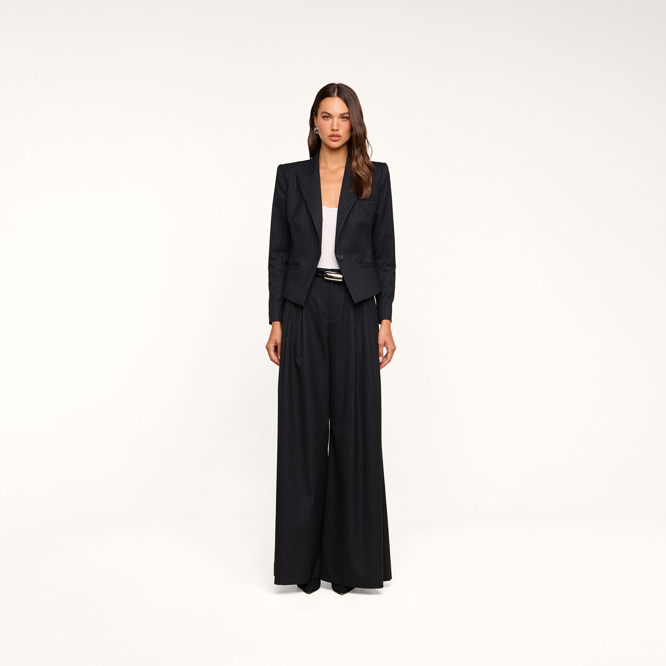 A woman stands facing forward against a plain beige background, wearing the Chelsy Wide-Leg Pant in black pinstripe, paired with a white top and black pointed shoes.