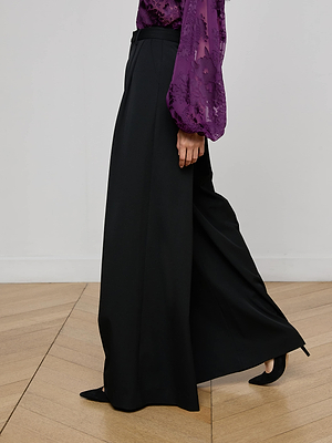 A person wears L'AGENCE Chelsy Wide-Leg Pant with black pointed-toe shoes and a long-sleeved sheer purple blouse, walking on a light wooden floor against a white wall. Only the lower body is shown.