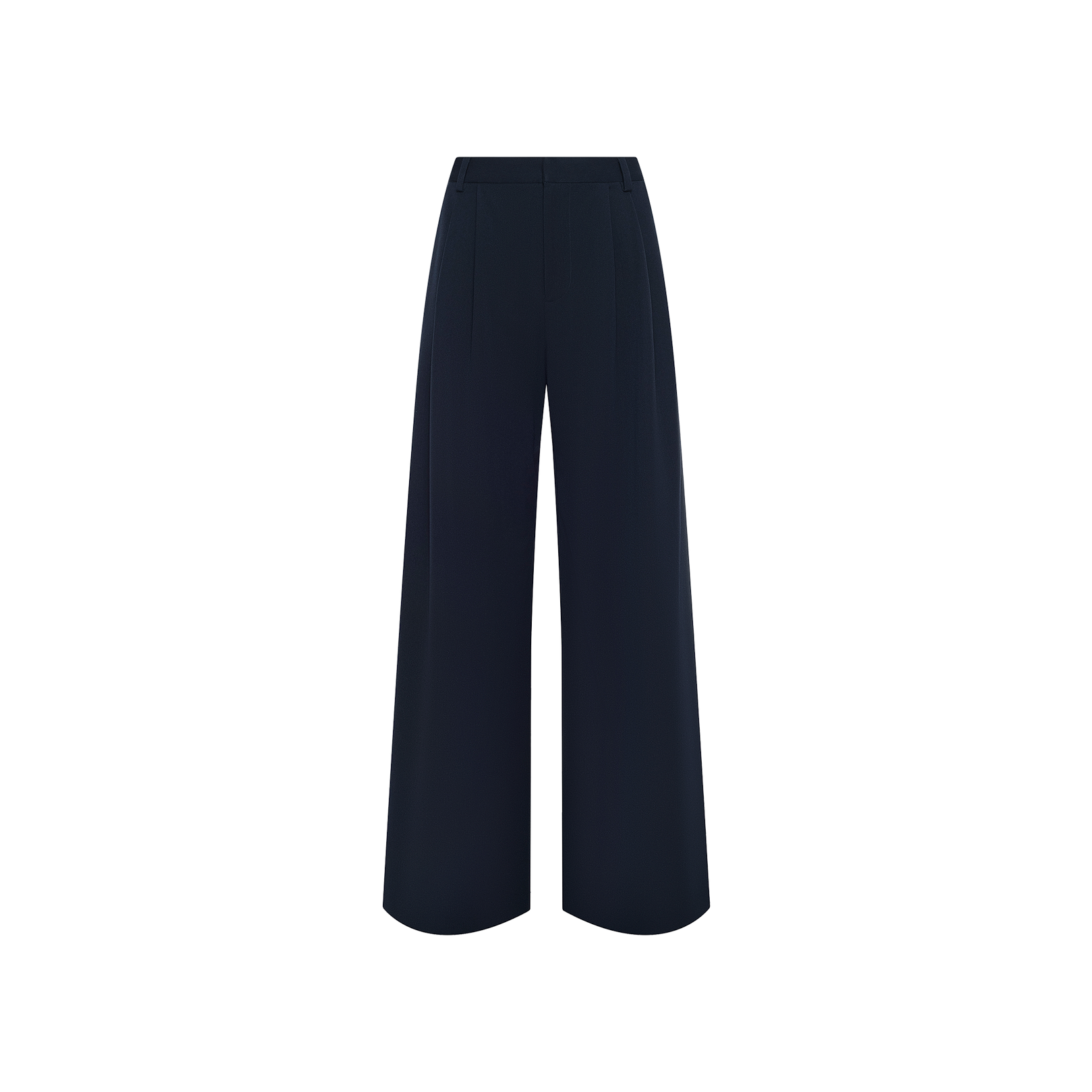 The Chelsy Wide-Leg Pant—high-waisted and navy blue—features a wide-leg silhouette, front pleats, and is crafted from stretch suit fabric, shown against a plain white background.