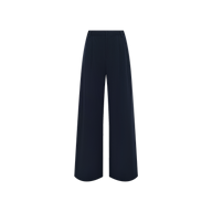 The Chelsy Wide-Leg Pant is a high-waisted, navy blue trouser crafted from stretch suit fabric, featuring a clean front crease and displayed against a plain white background.