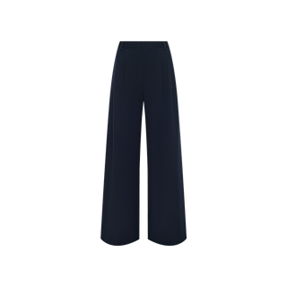 The Chelsy Wide-Leg Pant—high-waisted and navy blue—features a wide-leg silhouette, front pleats, and is crafted from stretch suit fabric, shown against a plain white background.