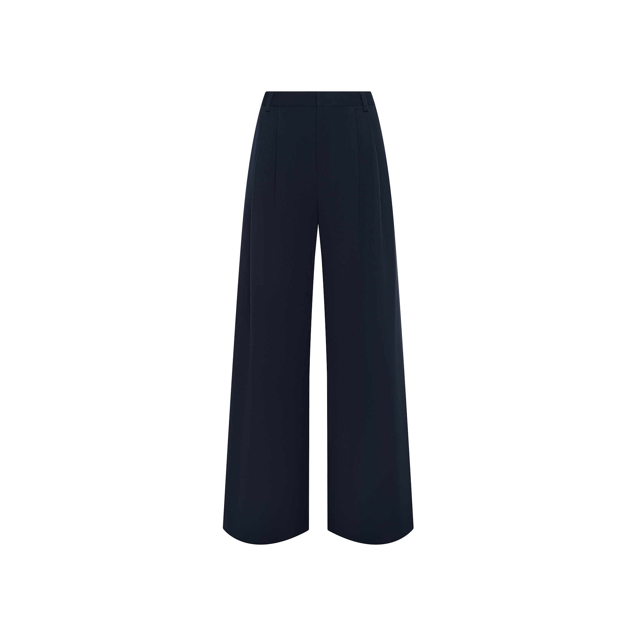 The Chelsy Wide-Leg Pant is a high-waisted, navy blue trouser crafted from stretch suit fabric, featuring a clean front crease and displayed against a plain white background.