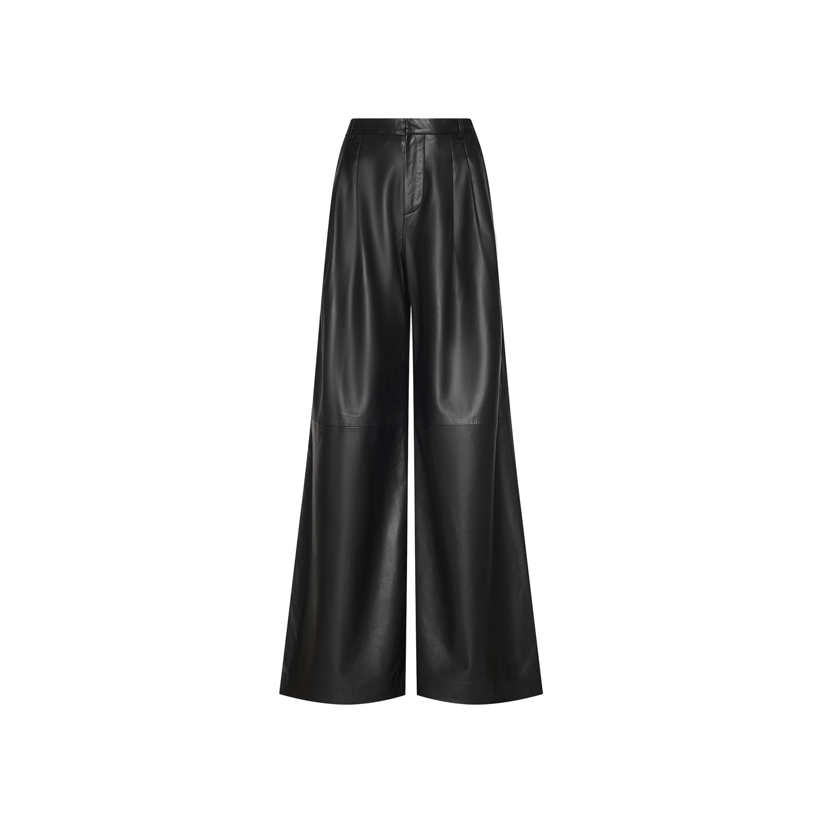 The Chelsy Leather Wide-Leg Pant features a high-waisted fit, front seam detailing, and is crafted from lightweight black faux leather, showcased against a plain white background.