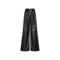 Chelsy Leather Wide-Leg Pant: High-rise black wide-leg pant crafted from faux leather, featuring a front zipper closure and a smooth, glossy finish.