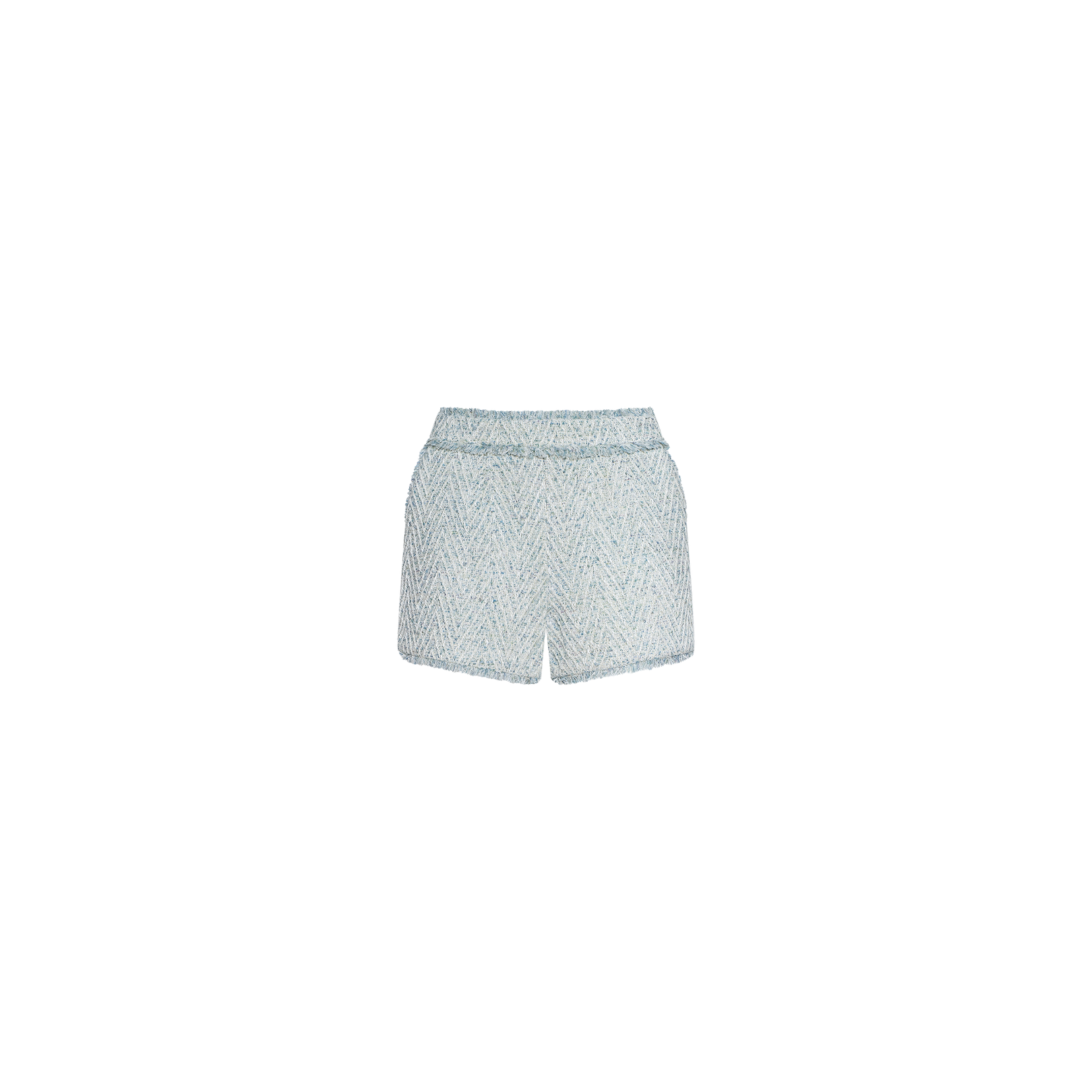 Ashley Tweed Short in light blue chevron tweed, designed with a high waist, classic silhouette, and subtle fringed trim, displayed against a plain white background.