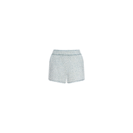Ashley Tweed Short in light blue chevron tweed, designed with a high waist, classic silhouette, and subtle fringed trim, displayed against a plain white background.