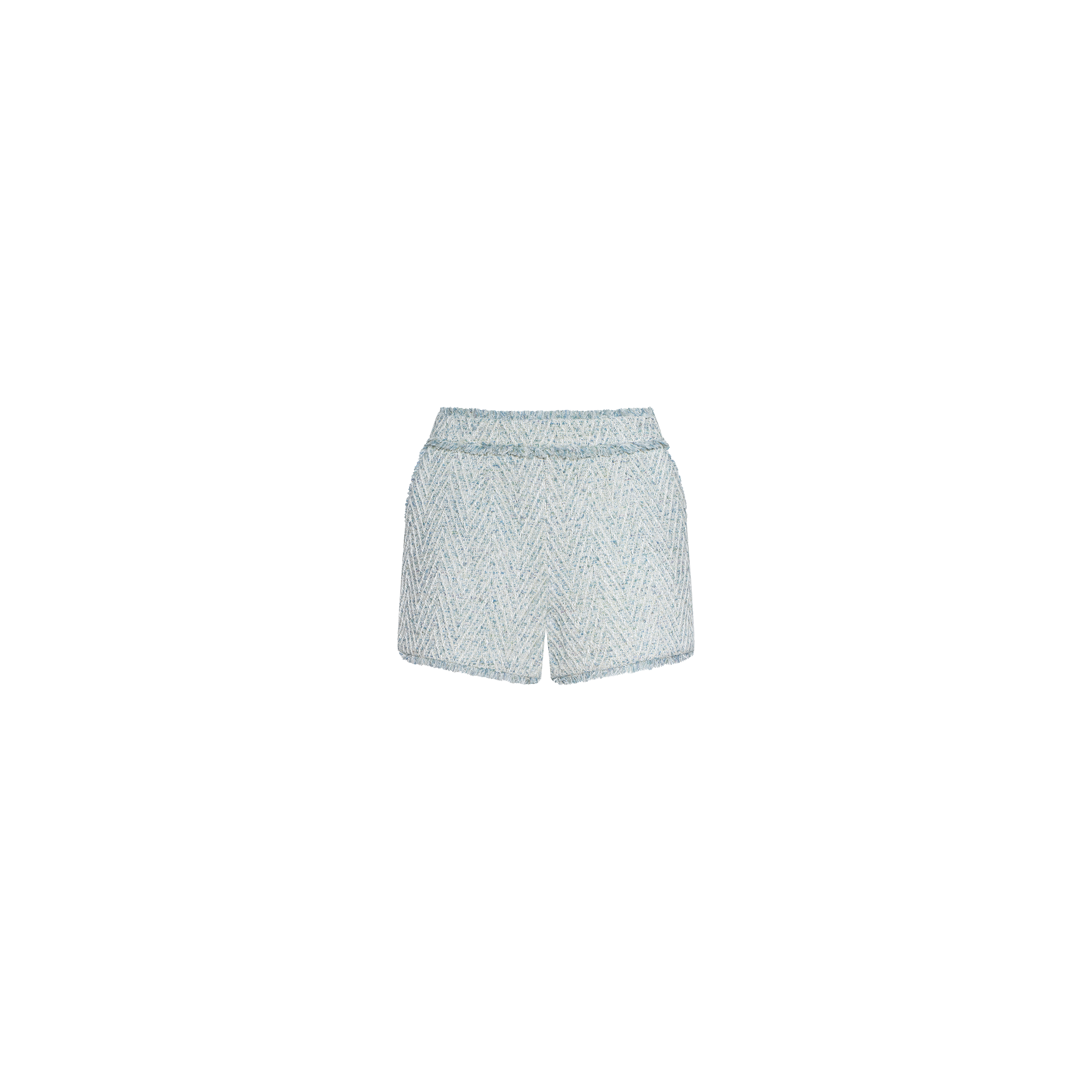 Ashley Tweed Short in light blue chevron tweed, designed with a high waist, classic silhouette, and subtle fringed trim, displayed against a plain white background.
