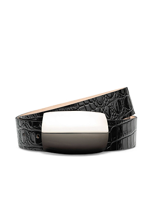 The Milou Belt by L'AGENCE features black croc-embossed leather and a large, shiny silver-plated buckle, shown coiled on a white background.