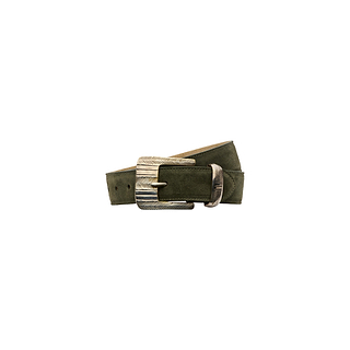 Aya Suede Belt in olive green Italian suede, featuring a textured silver buckle and loop, handcrafted in LA and coiled neatly against a white background.