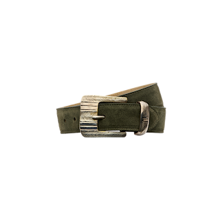 Aya Suede Belt in olive green Italian suede, featuring a silver engraved rectangular buckle and matching loop, displayed coiled on a white background.