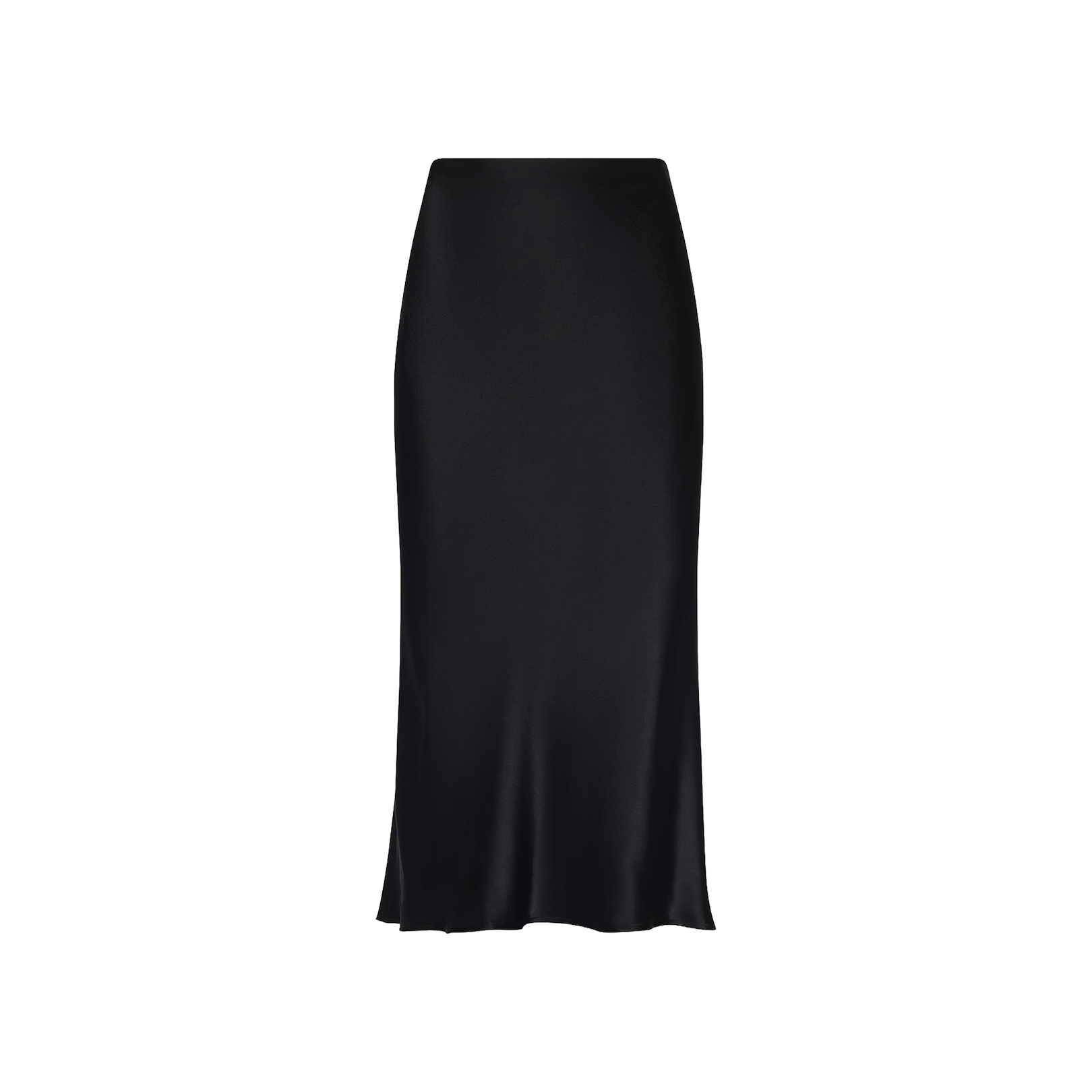 A black Perin Silk Midi Skirt, featuring a high-waisted design in luxurious silk charmeuse, is displayed on a white background. The skirt showcases a smooth, shiny texture and a slightly flared hem.