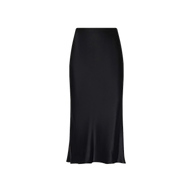 A black Perin Silk Midi Skirt, featuring a high-waisted design in luxurious silk charmeuse, is displayed on a white background. The skirt showcases a smooth, shiny texture and a slightly flared hem.
