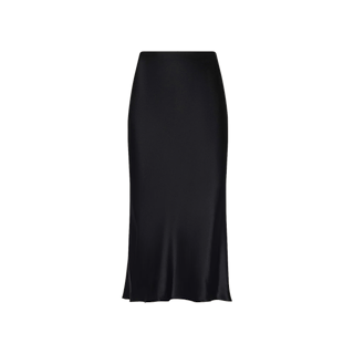 The Perin Silk Midi Skirt is a black, high-waisted skirt crafted from silk charmeuse with a smooth, sleek finish. Featuring an ankle-length cut, this skirt has a fitted silhouette with a slightly flared hem and is displayed against a plain white background.